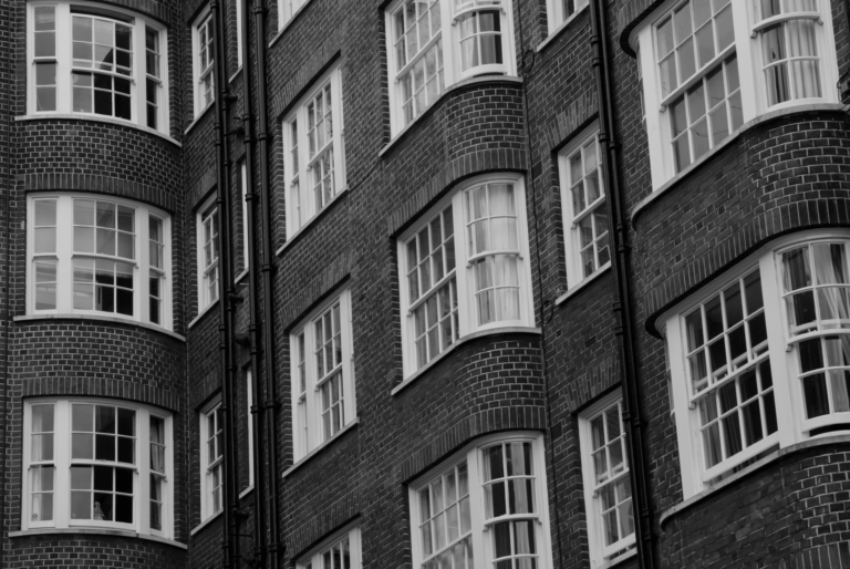 Black and white image of apartment windows